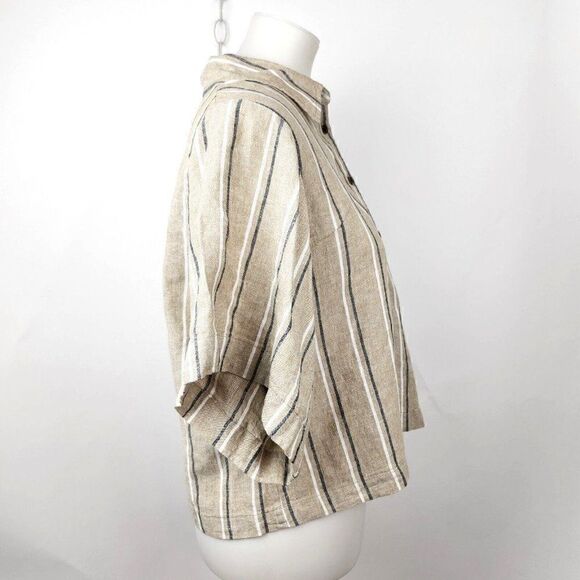 Banana Republic Boxy Cropped Linen Shirt Natural Linen Beige Stripe Womens M - Picture 2 of 5